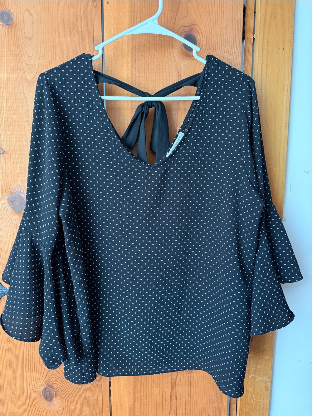 Green Envelope Black Polka Dot Tie-Back Bell Sleeve Blouse